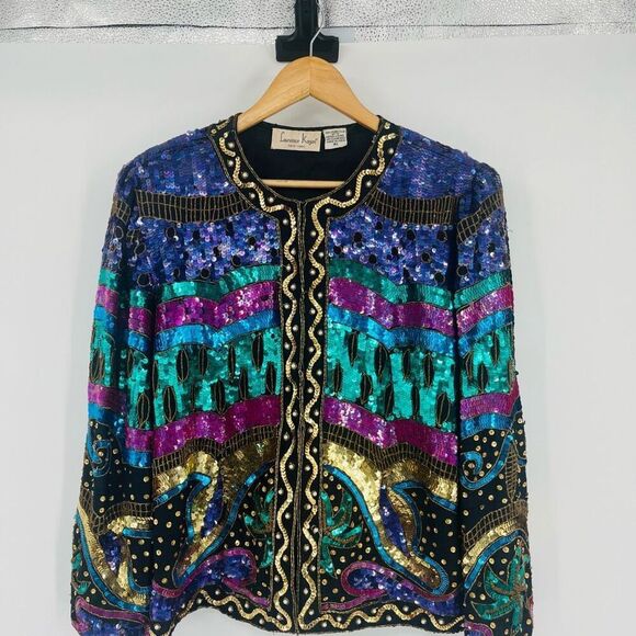 Laurence Kazar Jackets & Blazers - Vintage 80s Laurence Kazar Jacket Beaded Sequin Silk Multicolor Womens Size XL